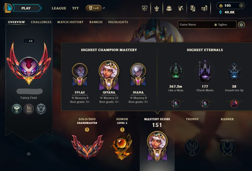 🔥LVL64 Grandmaster 850LP 68%WR Handleveled💎90Champs 16Skins✅Lifetime Ownership Guarantee - Never Taken Back