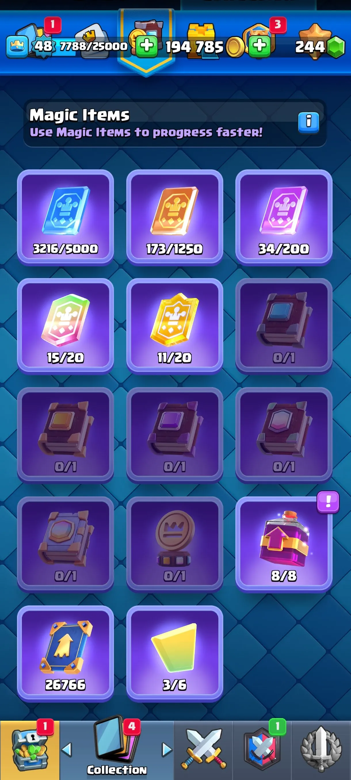 CR535 10,000 Trophies - Level 48 - 11 Evolutions - 55 Emotes - 7 Tower Skins - 121/121 Cards - 194,785 Gold - 244 Gems