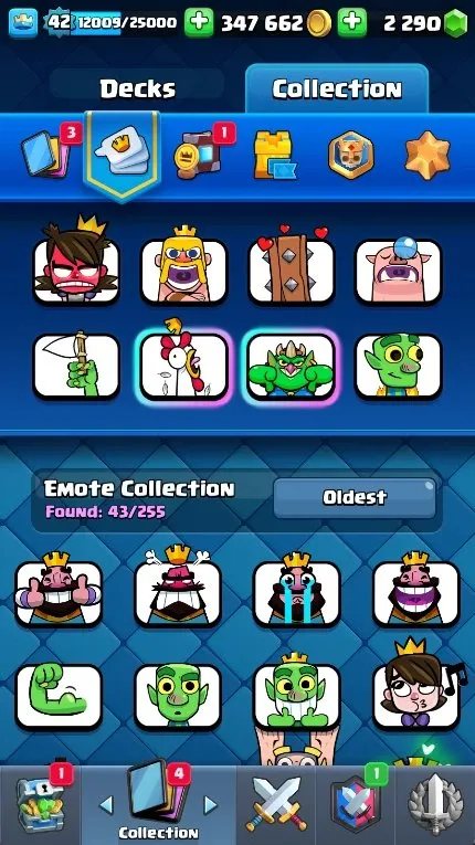CR590 Max KT14 lvl 42 arena 23, 9603 trophies, 119 cards, 2 maxed, 5 lvl 15, 5 evolutions, 43 emotes, 6 tower skins, 2290 gems, 347k gold, books and wildcards