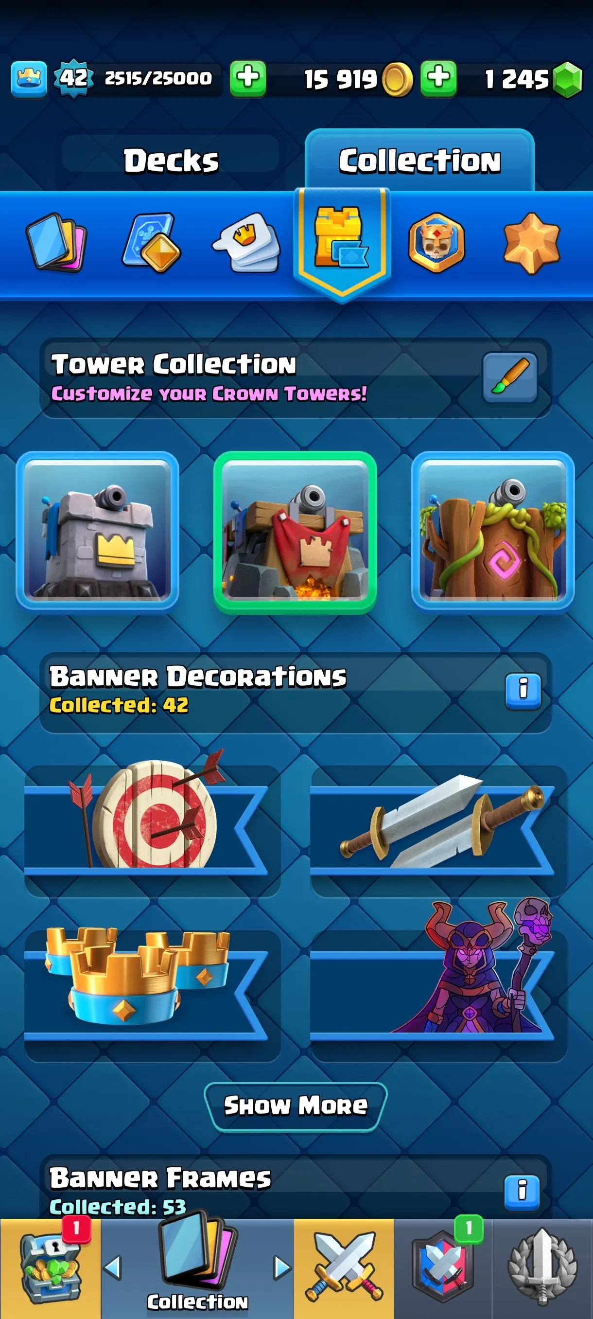 CR543 9730 cups 7 Evolutions 117 cards 54 emotes 2 tower skins 42 banners 53 frames