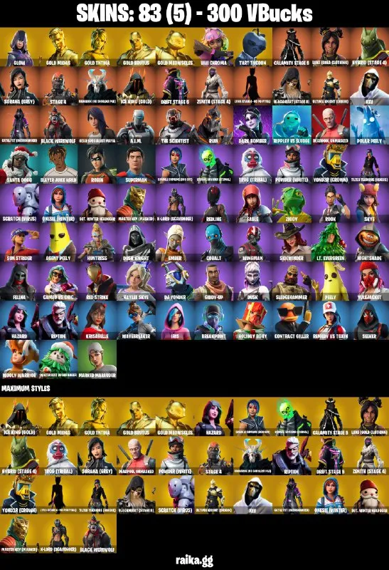❤️83 skins❤️Glow❤️Gold Midas❤️Gold TNTina❤️Gold Brutus❤️Deadpool❤️Take The Elf❤️Tart Tycoon❤️Calamity (Stage 5)❤️Drift (Stage 5)