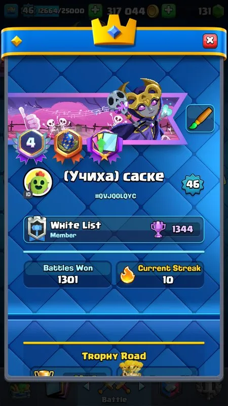 CR597 B603 KT14 lvl 46 Arena 24 9305 trophies 3 max cards 3 level 14 7 evolutions 120 cards 41 emotes 6 tower skins 131 gems 317k gold