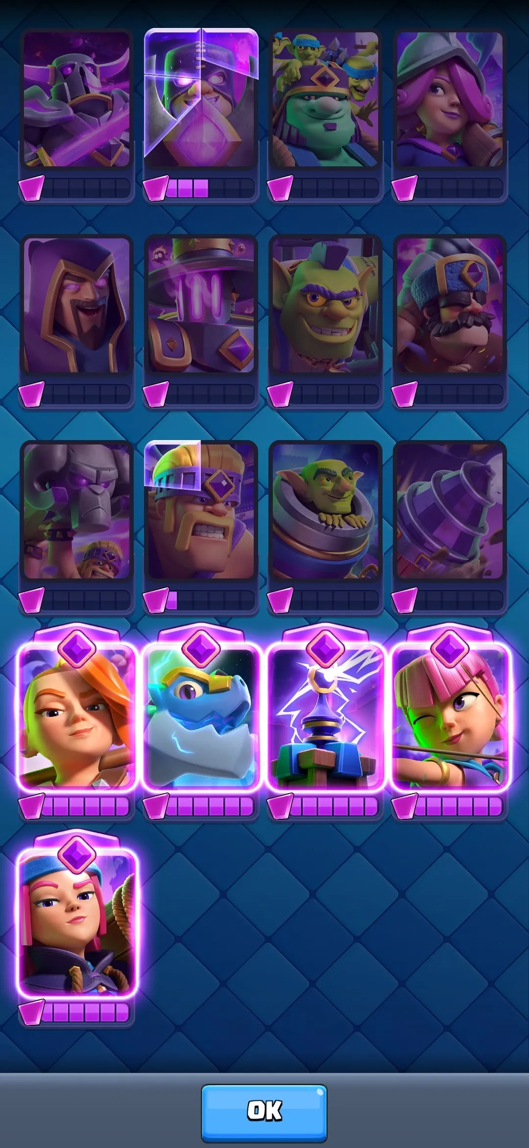 CR608 7 Years Badge 9.5k Trophies 44 King Level 120/121 Cards 21 Legendary 5 Evolutions Rare Ship Bastion Tower Skin Goblin Emojis