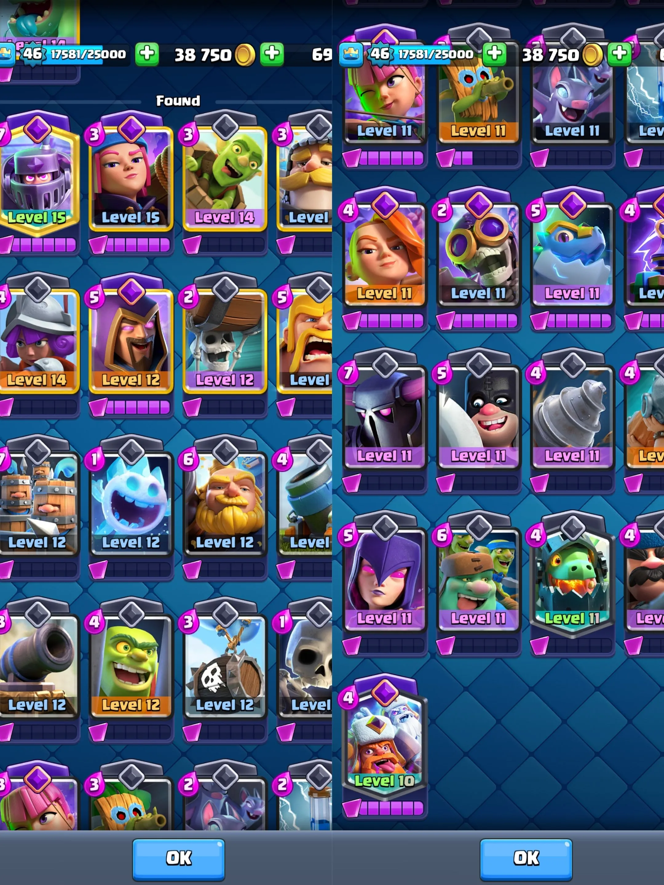 CR624 King Level 46 Arena 24 9700 Trophies 119 Cards 8 Evo 29 Pins Min Deck LVL 14 Max Deck LVL 15 Name Change Free 33k Best Seasons