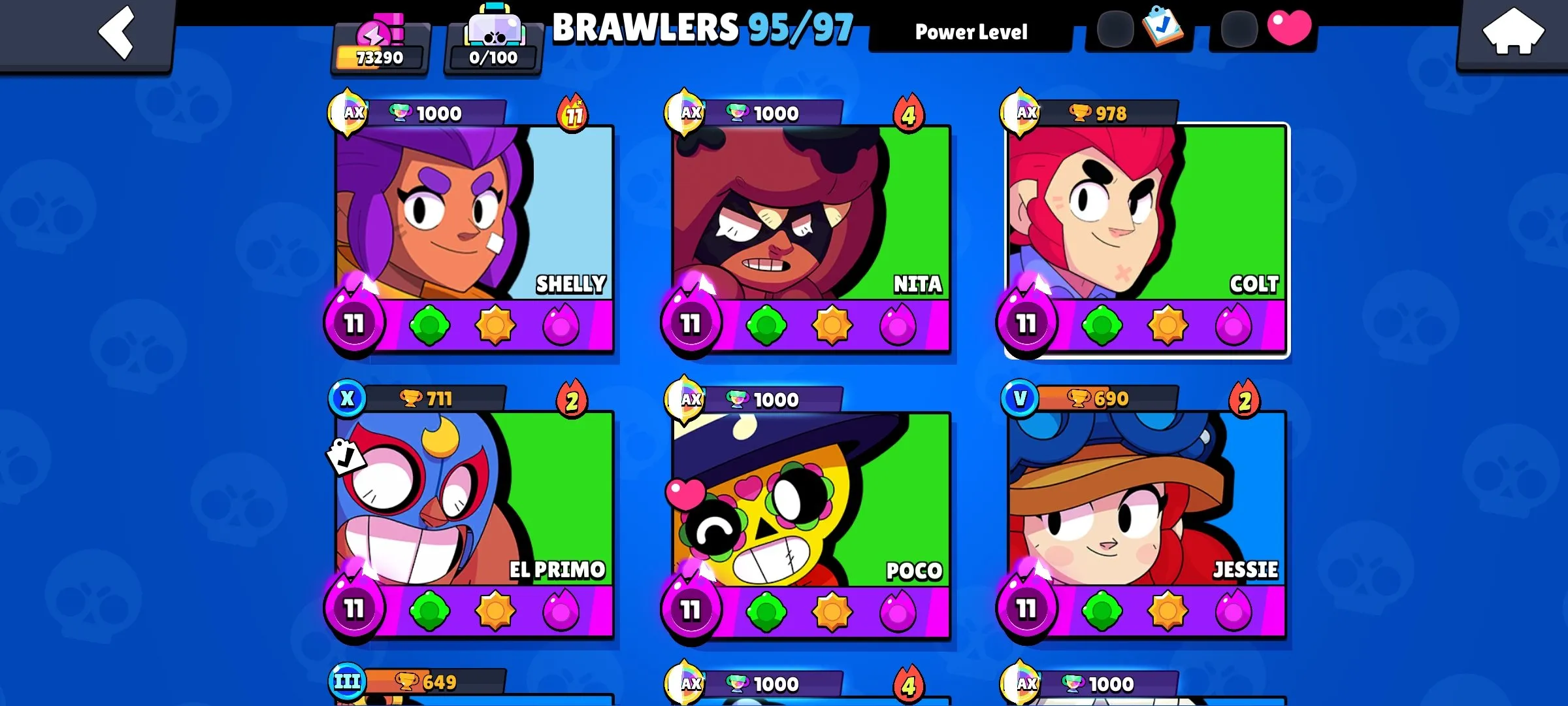 BS1930 73290 Trophies 95/97 Brawlers 266 Skins 68 Power 11 Hypercharge Demon Mortis Devilish Mortis Godzilla Buzz 