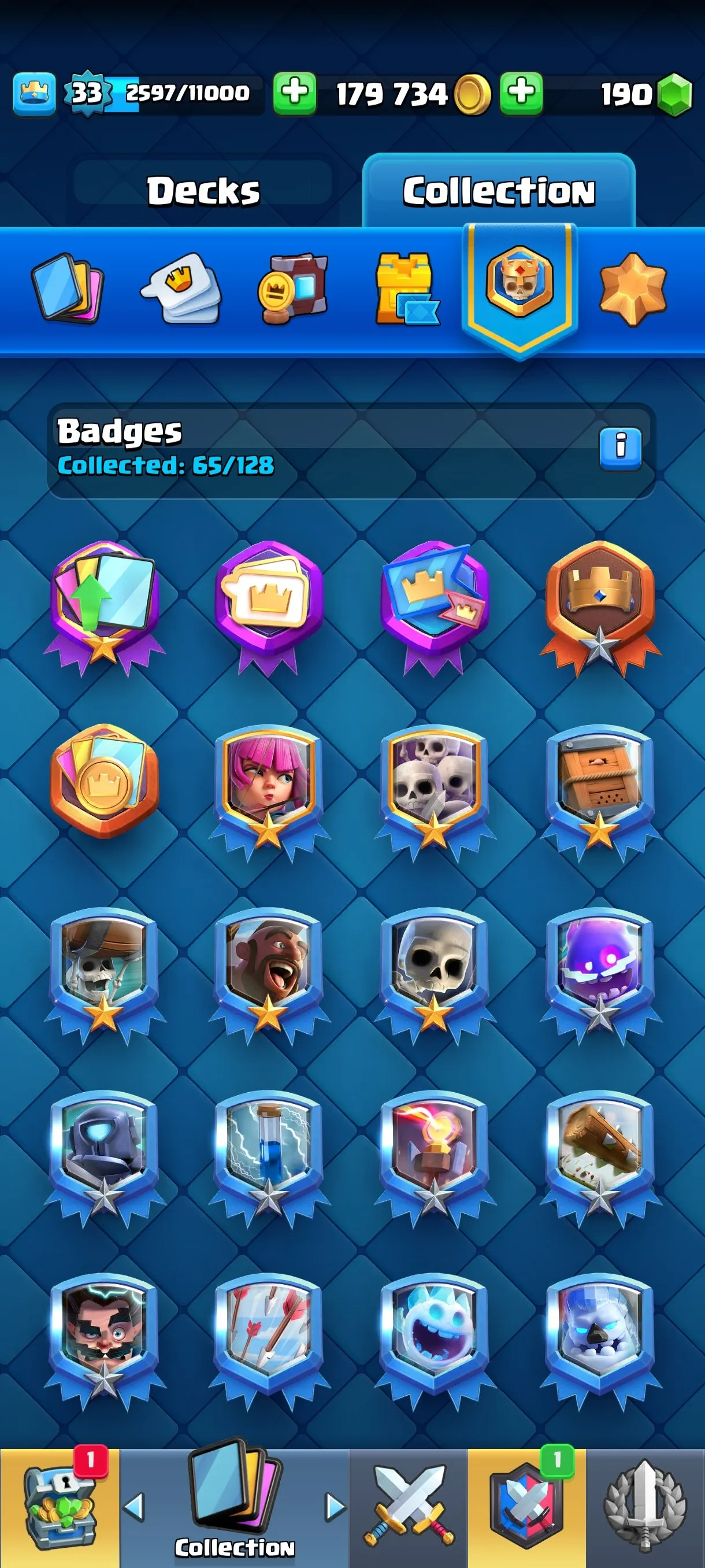 CR675 6105 cups 0 Evolutions 109 cards 190 gems 179734 gold King 33 Arena 17 29 emotes 1 tower rich badges