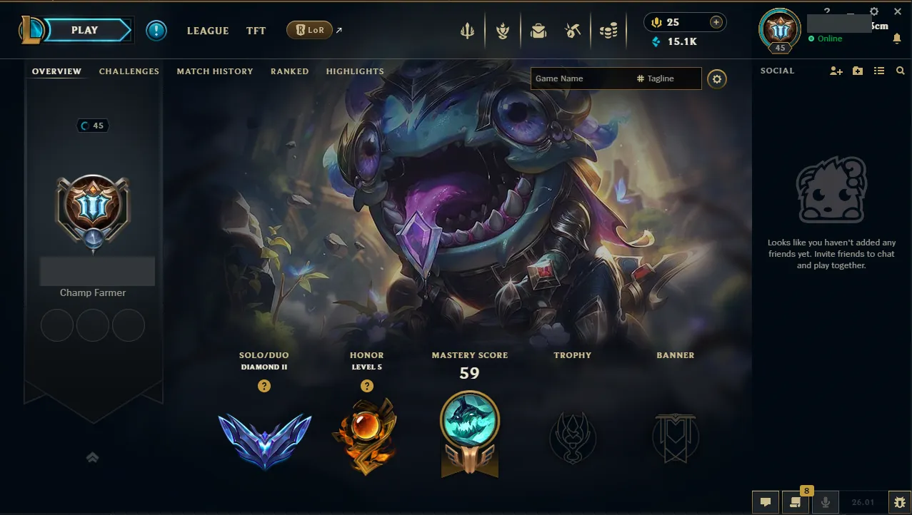 🌍 EUNE 🟢 Season 2026 🏅 Diamond II (65 LP) 📌️ Jungle Main ✨️ WR:60% 🔥 +30LP Gains  🔐 Lifetime Ownership 🏷️ #TH-J7S