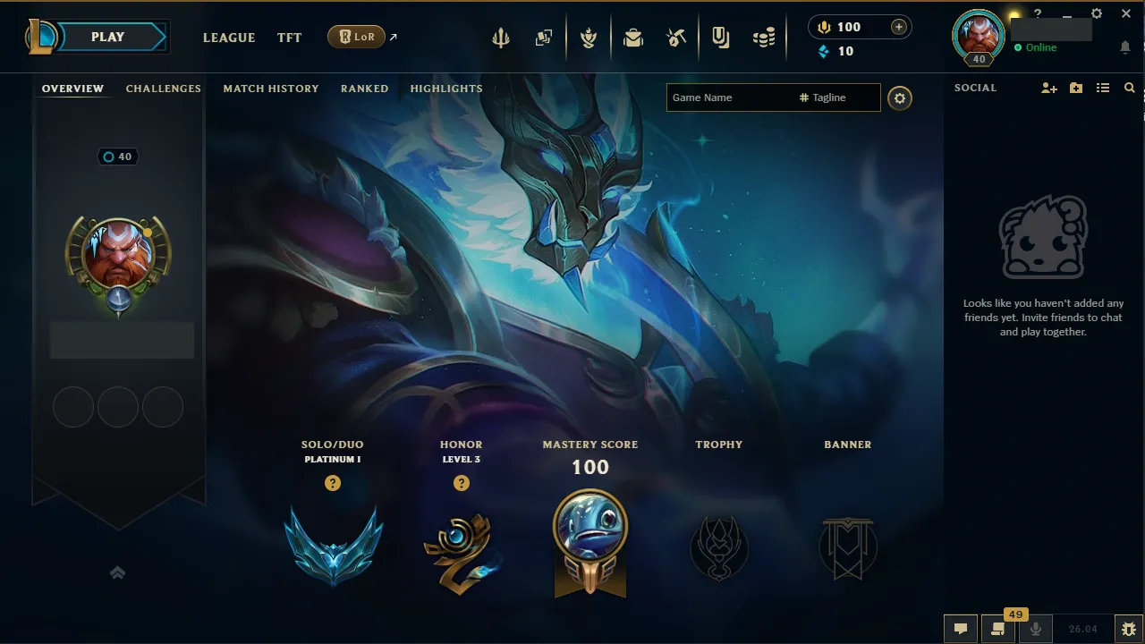 🌍 EUNE 👑 Season 16 (Current) 🔥 Platinum I (52 LP) 💎️ WR:65% ✨️ Diamond+ MMR +30LP Gains 🔐 Lifetime Ownership 🏷️ #TH-2F6