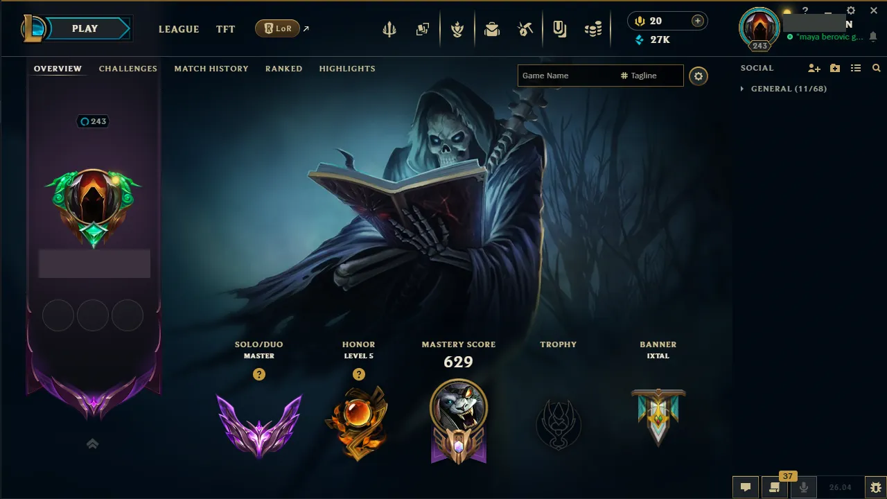 🌍 EUNE 👑 Season 16 (Current) 🔥 Master (373 LP) 📌️ JNG Main 💎️ 120 Skins ✨️ 171 Champs 🔐 Lifetime Ownership 🏷️ #TH-0701