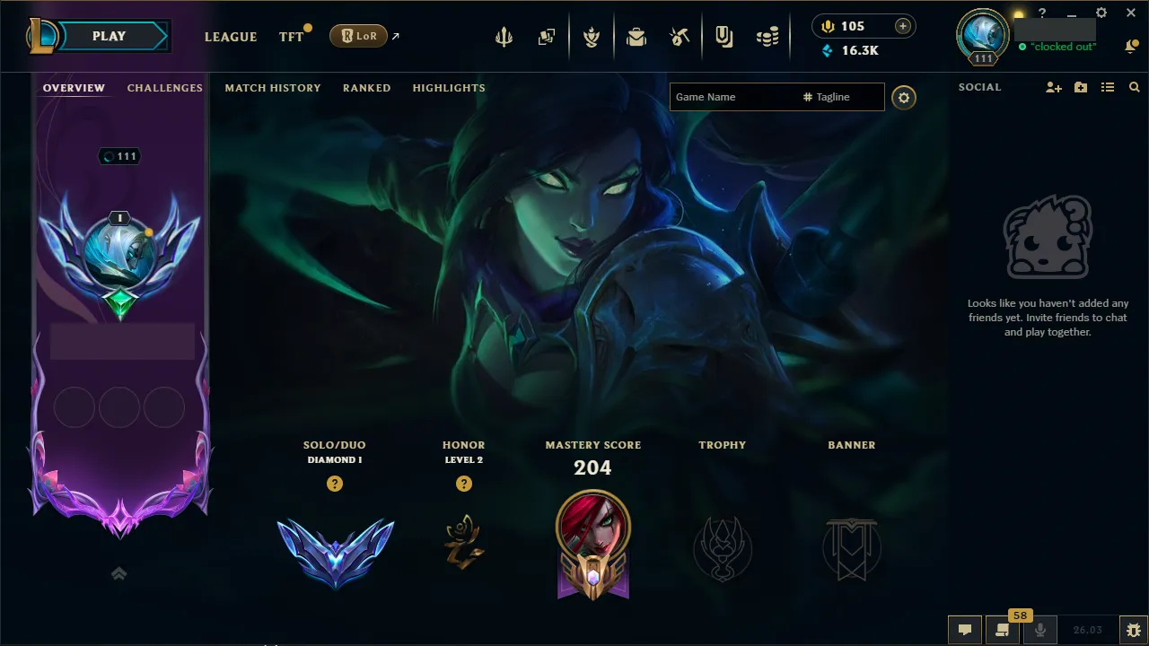 🌍 EUW 👑 Season 16 (Current) 🔥 Diamond I (75 LP) 💎️ 780LP Grandmaster Peak ✨️ Decay from 500LP 🔐 Lifetime Ownership 🏷️ #TH-0857-G1