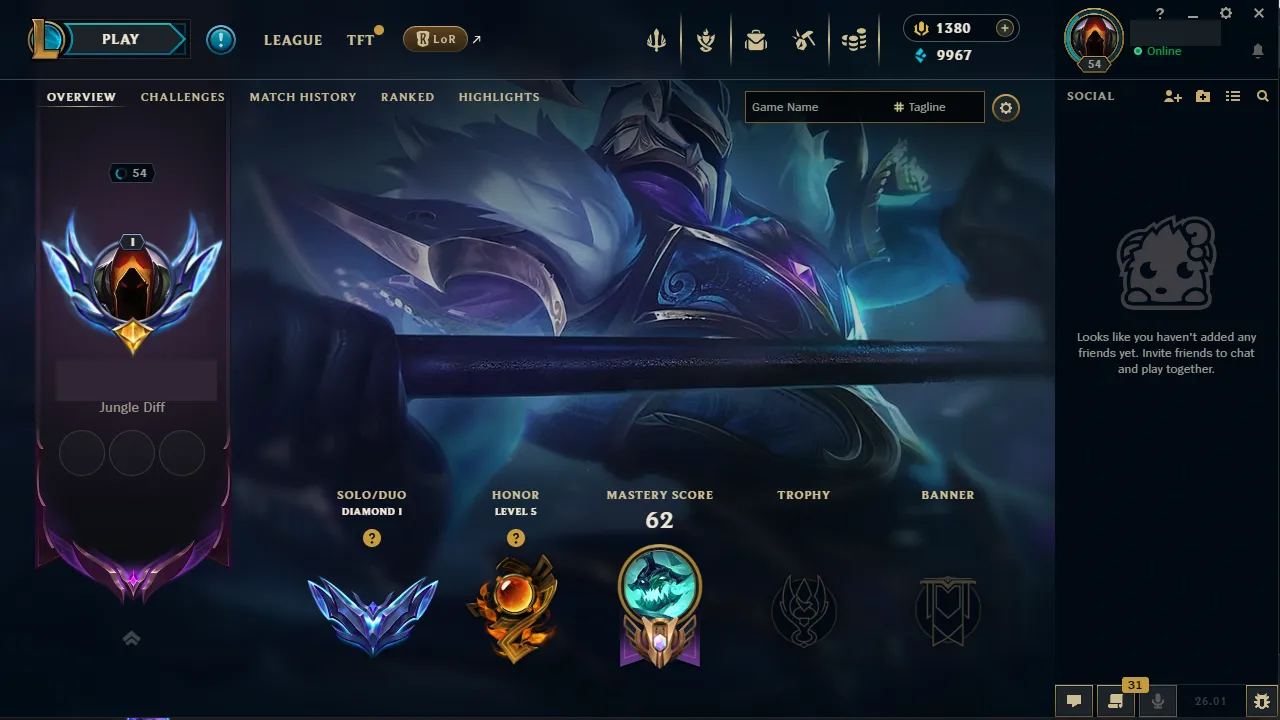 🌍 EUW 🟢 Season 2026 🏅 Diamond I (1 LP) 📌️ Jungle Main ✨️ 1380 RP Available 🔥 2026 Peak Master  🔐 Lifetime Ownership 🏷️ #TH-0723