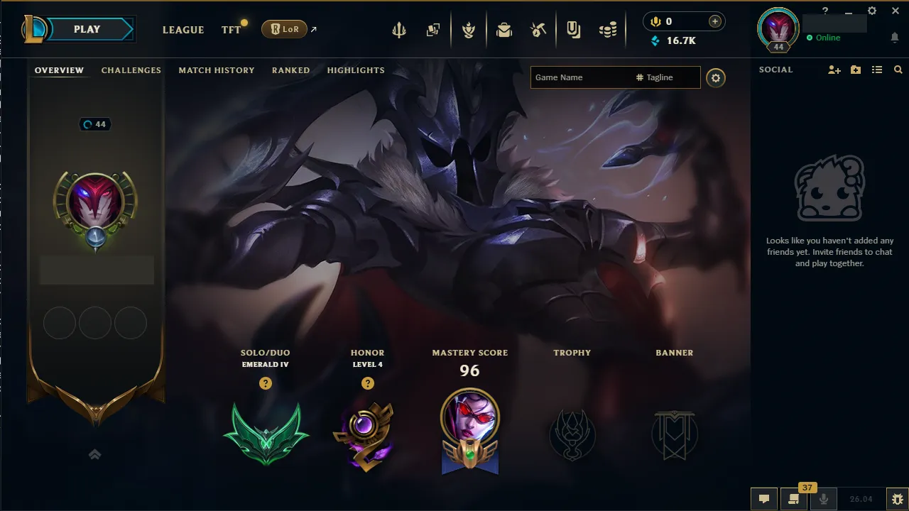 🌍 EUW 👑 Season 16 (Current) 🔥 Emerald IV (17 LP) 📌️ ADC Main 💎️ WR:76% ✨️ +30LP Gains 🔐 Lifetime Ownership 🏷️ #TH-F3O