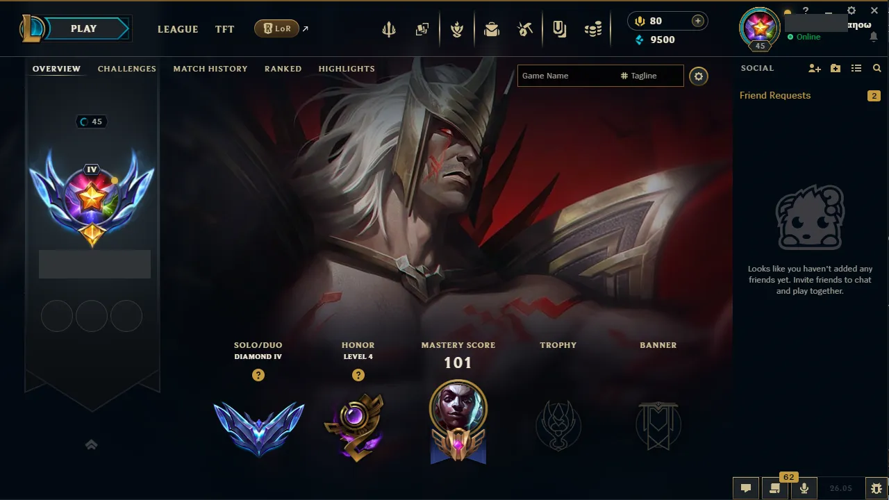 🌍 EUW 👑 Season 16 (Current) 🔥 Diamond IV (34 LP) 📌️ Top/Mid 💎️ 46 Champions ✨️ 7 Skins 🔐 Lifetime Ownership 🏷️ #TH-FLK-F8