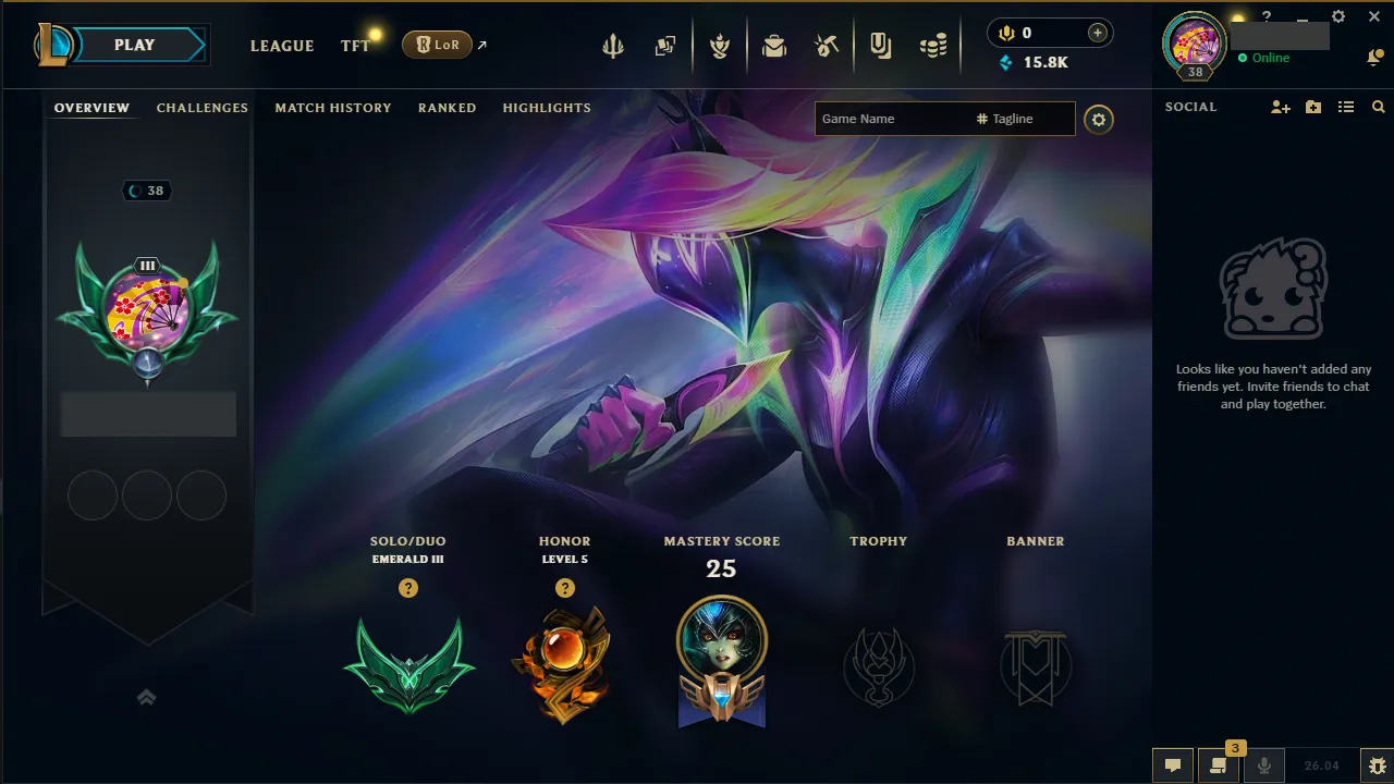 🌍 EUW 👑 Season 16 (Current) 🔥 Emerald III (59 LP) 📌️ Supp Main 💎️ WR:85% ✨️ High Diamond/Master MMR +30LP Gains 🔐 Lifetime Ownership 🏷️ #TH-D75