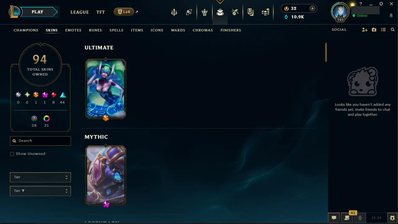 🌍 EUW 👑 Season 16 (Current) 🔥 Diamond I (52 LP) 📌️ Multi Role 💎️ WR:61% ✨️ 94 Skins + All Champs 🔐 Lifetime Ownership 🏷️ #TH-0884