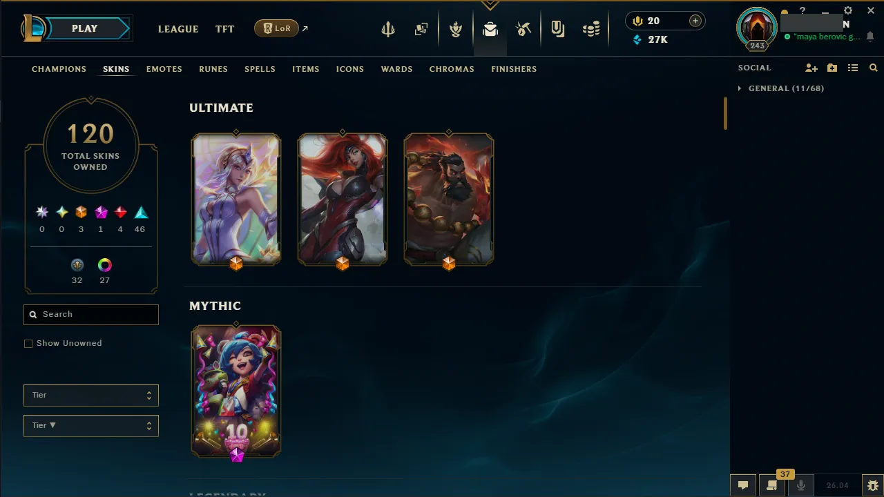 🌍 EUNE 👑 Season 16 (Current) 🔥 Master (373 LP) 📌️ JNG Main 💎️ 120 Skins ✨️ 171 Champs 🔐 Lifetime Ownership 🏷️ #TH-0701