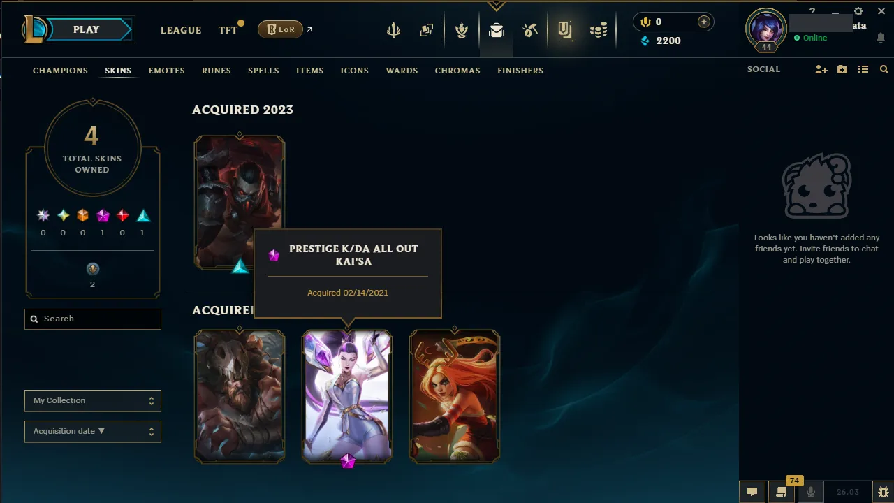 🌍 EUW 👑 Season 16 (Current) 🔥 Unranked 📌️ Silver IV S11 💎️ Prestige K/DA ALL OUT Kai'Sa Skin ✨️ Fresh MMR 🔐 Lifetime Ownership 🏷️ #TH-FLK-F5