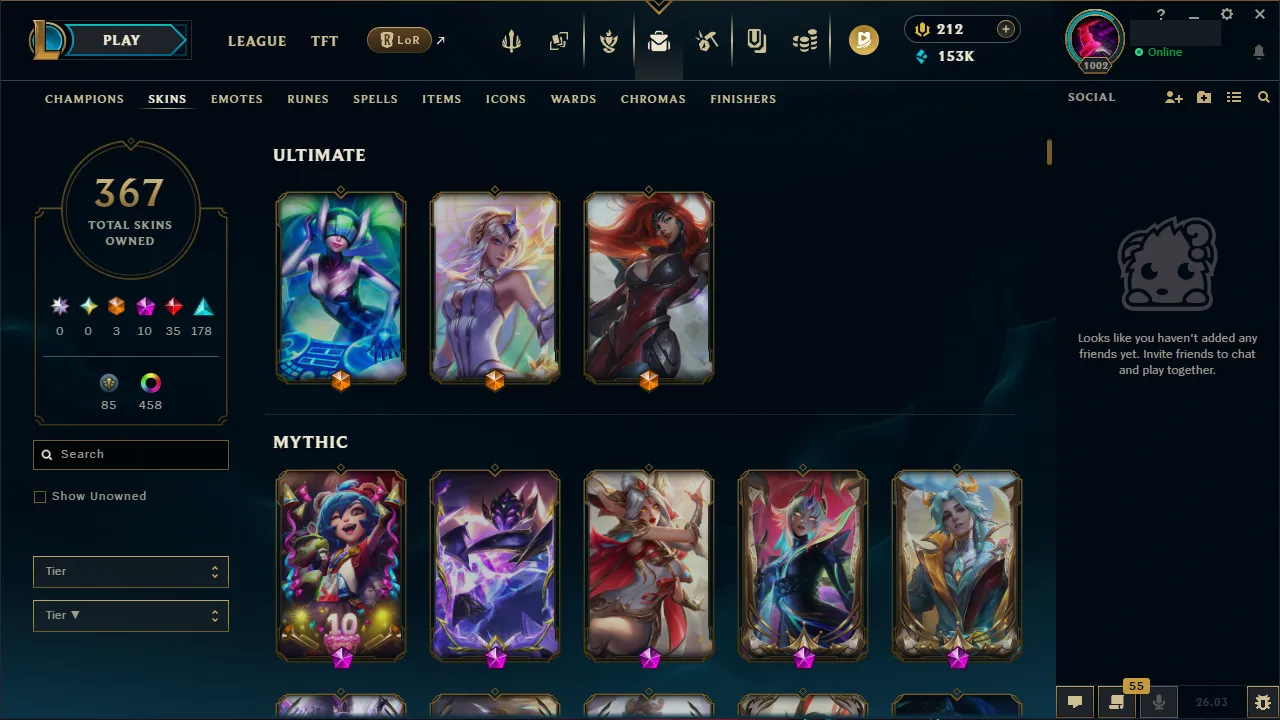🌍 EUW 👑 Season 16 🔥 Diamond I (75 LP) Master Decay 📌️ ADC Main 💎️ 367 Skins ✨️ 468 Chromas 🔐 Lifetime Ownership 🏷️ #TH-D3V