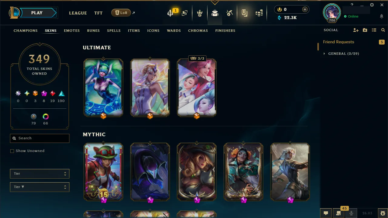 🌍 EUW 👑 Season 16 (Current) 🔥 Gold I (49 LP) 💎️ 349 Skins ✨️ All Champions 🔐 Lifetime Ownership 🏷️ #TH-0839