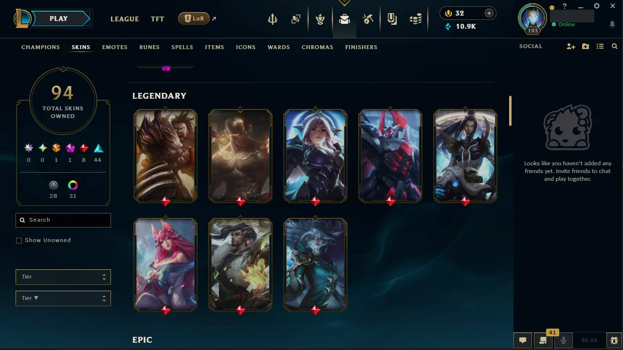 🌍 EUW 👑 Season 16 (Current) 🔥 Diamond I (52 LP) 📌️ Multi Role 💎️ WR:61% ✨️ 94 Skins + All Champs 🔐 Lifetime Ownership 🏷️ #TH-0884