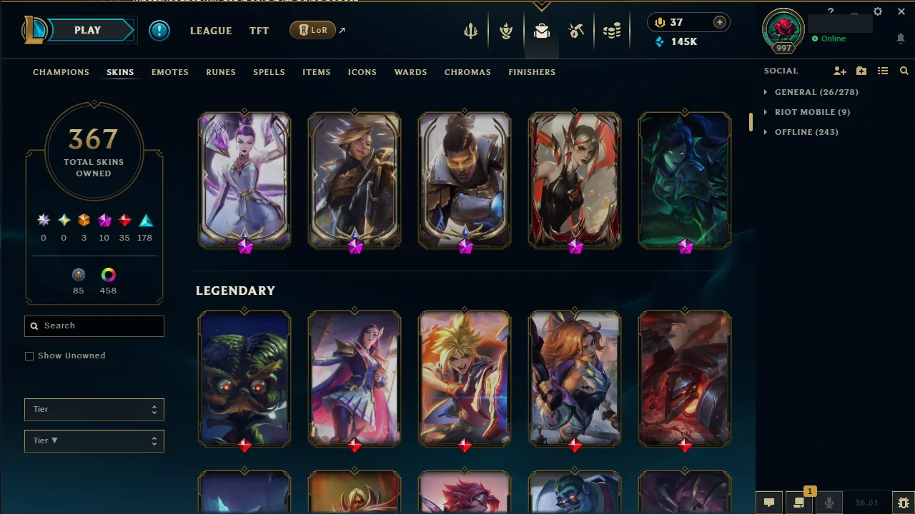 🌍 EUW 🟢 Season 2026 ✴️ Master (106 LP) 📌️ ADC Main ✨️ 367 Skins 🔥 All Champions  🔐 Lifetime Ownership 🏷️ #TH-0704