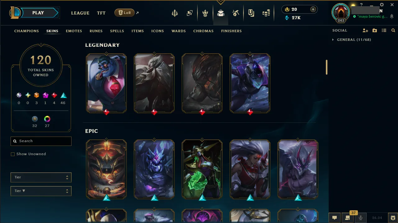 🌍 EUNE 👑 Season 16 (Current) 🔥 Master (373 LP) 📌️ JNG Main 💎️ 120 Skins ✨️ 171 Champs 🔐 Lifetime Ownership 🏷️ #TH-0701