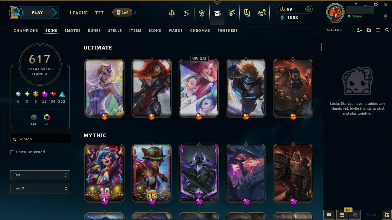 🌍 EUW 👑 Season 16 (Current) 🔥 Platinum II (92 LP) 💎️ NEO PAX SIVIR + 616 Skins ✨️ All Champs + 100K BE 🔐 Lifetime Ownership 🏷️ #TH-0755