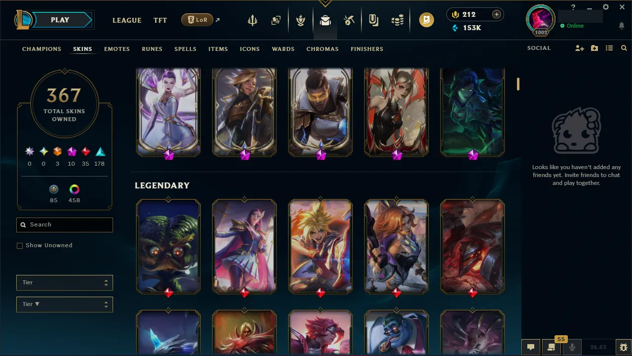 🌍 EUW 👑 Season 16 🔥 Diamond I (75 LP) Master Decay 📌️ ADC Main 💎️ 367 Skins ✨️ 468 Chromas 🔐 Lifetime Ownership 🏷️ #TH-D3V