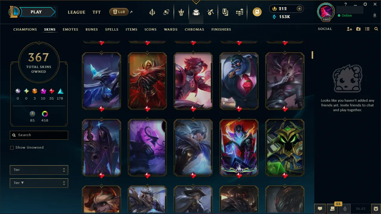 🌍 EUW 👑 Season 16 🔥 Diamond I (75 LP) Master Decay 📌️ ADC Main 💎️ 367 Skins ✨️ 468 Chromas 🔐 Lifetime Ownership 🏷️ #TH-D3V