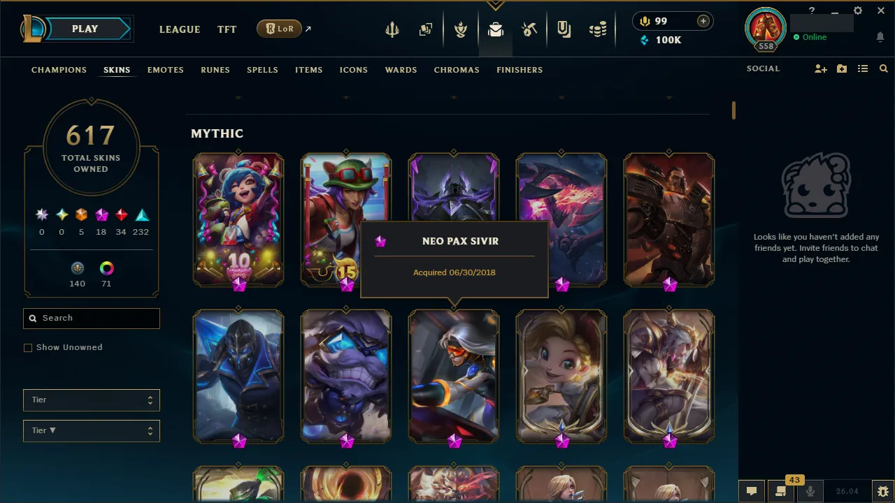 🌍 EUW 👑 Season 16 (Current) 🔥 Platinum II (92 LP) 💎️ NEO PAX SIVIR + 616 Skins ✨️ All Champs + 100K BE 🔐 Lifetime Ownership 🏷️ #TH-0755