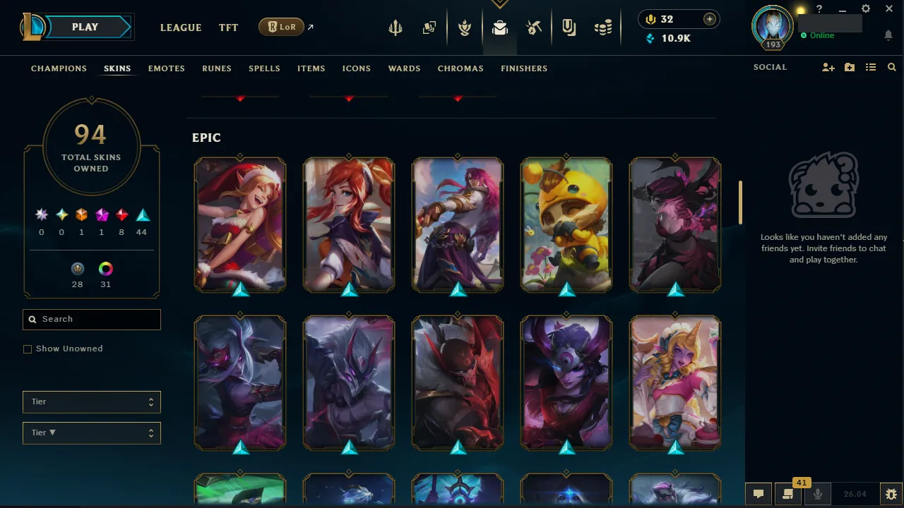 🌍 EUW 👑 Season 16 (Current) 🔥 Diamond I (52 LP) 📌️ Multi Role 💎️ WR:61% ✨️ 94 Skins + All Champs 🔐 Lifetime Ownership 🏷️ #TH-0884
