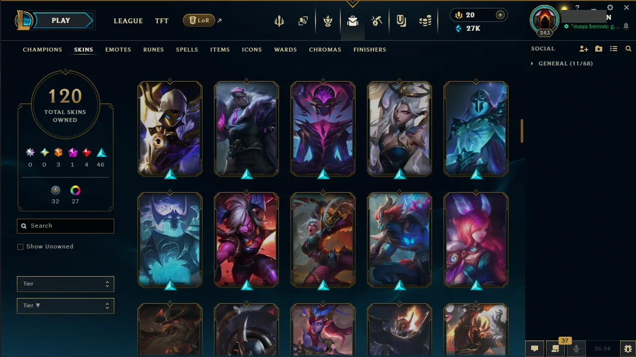 🌍 EUNE 👑 Season 16 (Current) 🔥 Master (373 LP) 📌️ JNG Main 💎️ 120 Skins ✨️ 171 Champs 🔐 Lifetime Ownership 🏷️ #TH-0701