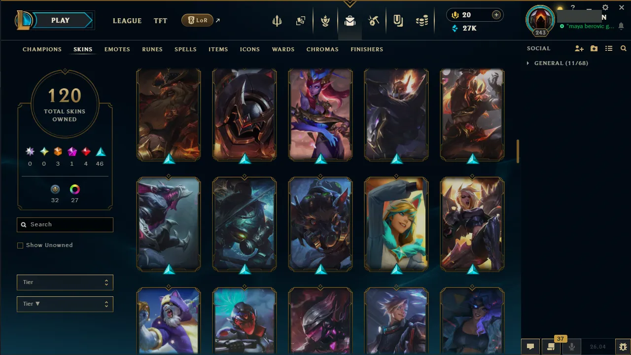 🌍 EUNE 👑 Season 16 (Current) 🔥 Master (373 LP) 📌️ JNG Main 💎️ 120 Skins ✨️ 171 Champs 🔐 Lifetime Ownership 🏷️ #TH-0701