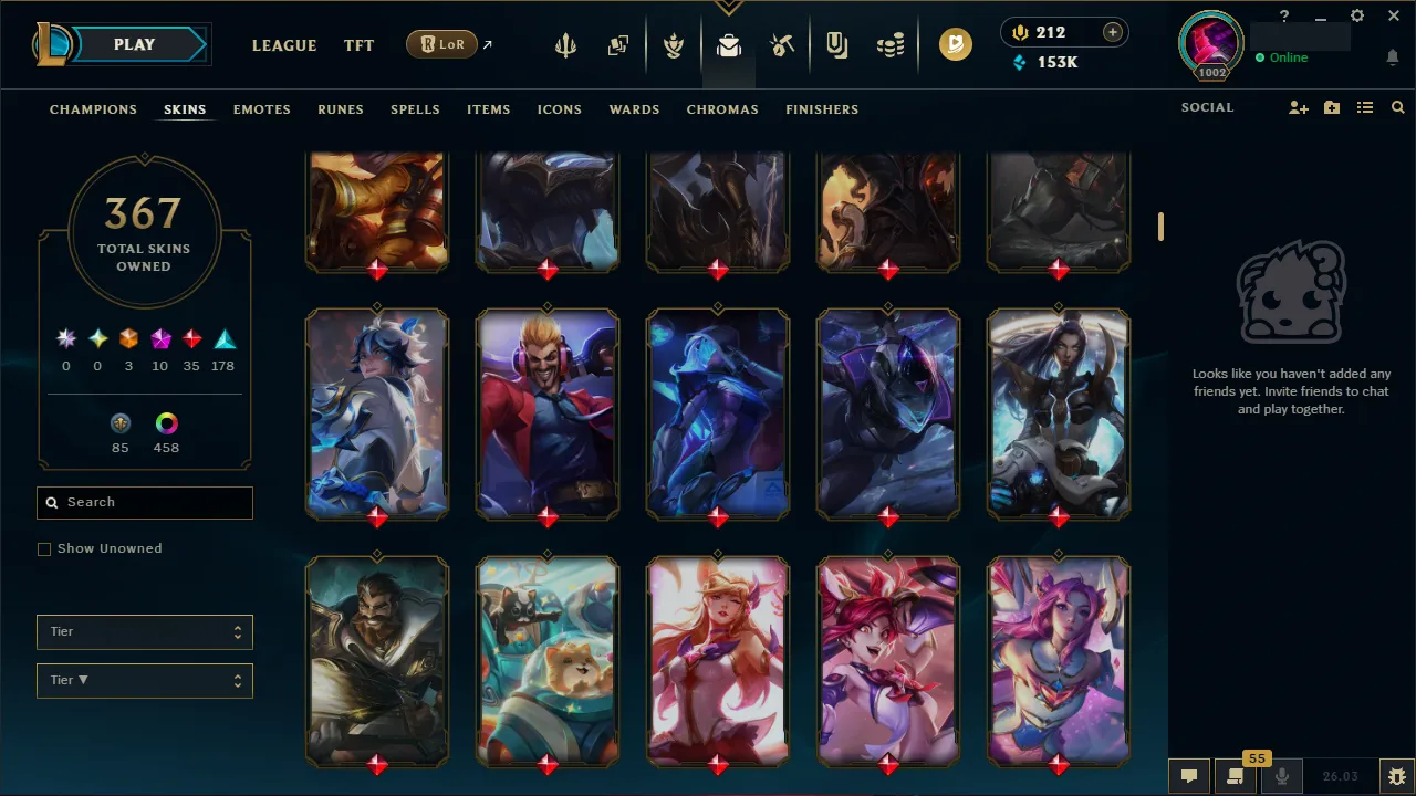 🌍 EUW 👑 Season 16 🔥 Diamond I (75 LP) Master Decay 📌️ ADC Main 💎️ 367 Skins ✨️ 468 Chromas 🔐 Lifetime Ownership 🏷️ #TH-D3V