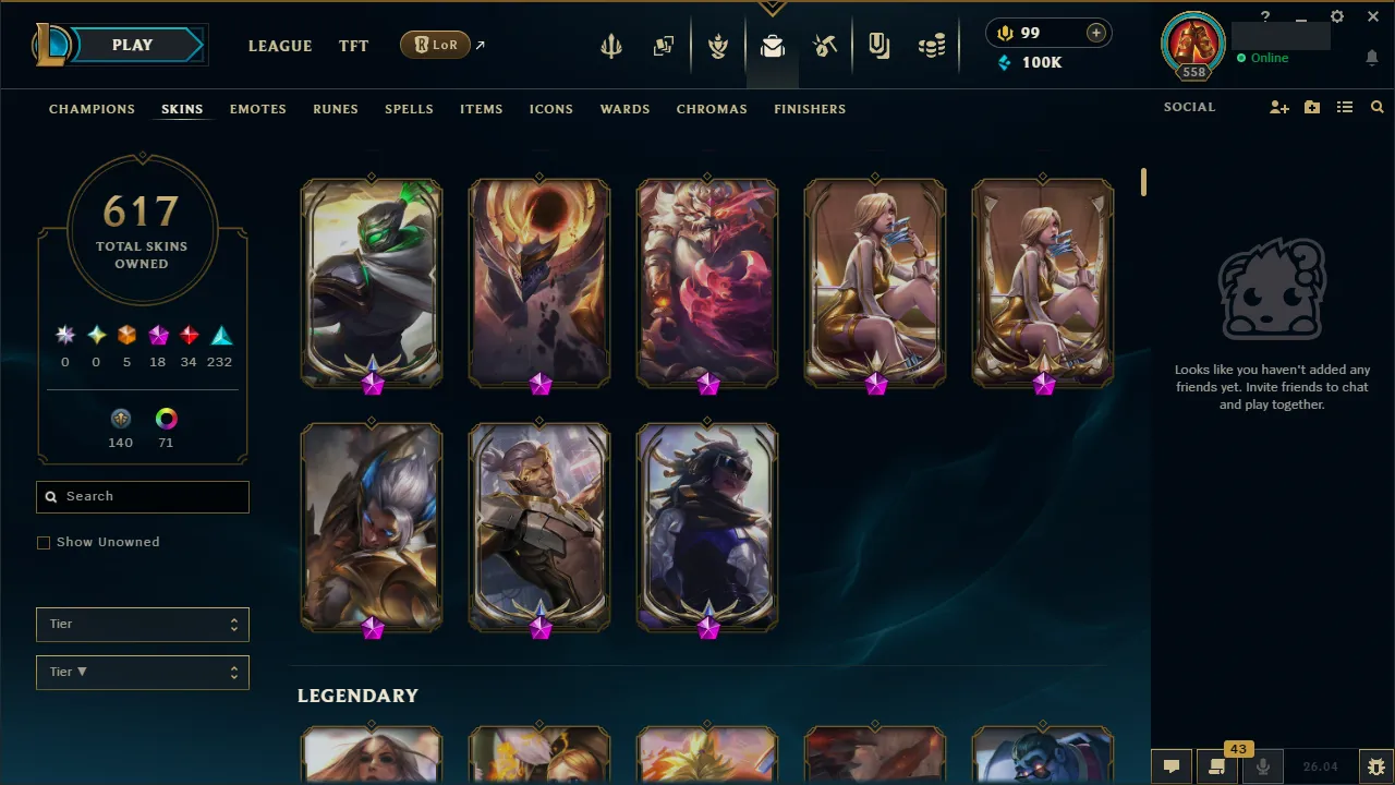 🌍 EUW 👑 Season 16 (Current) 🔥 Platinum II (92 LP) 💎️ NEO PAX SIVIR + 616 Skins ✨️ All Champs + 100K BE 🔐 Lifetime Ownership 🏷️ #TH-0755