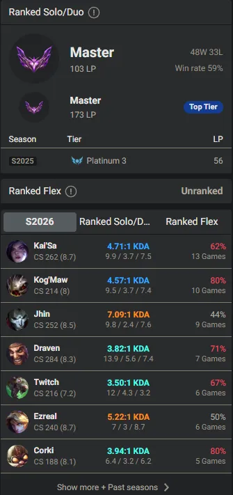 🌍 EUW 👑 Season 16 (Current) 🔥 Master (103 LP) 📌️ ADC Main 💎️ +26/28LP Gains ✨️ Master+ MMR 🔐 Lifetime Ownership 🏷️ #TH-9C2