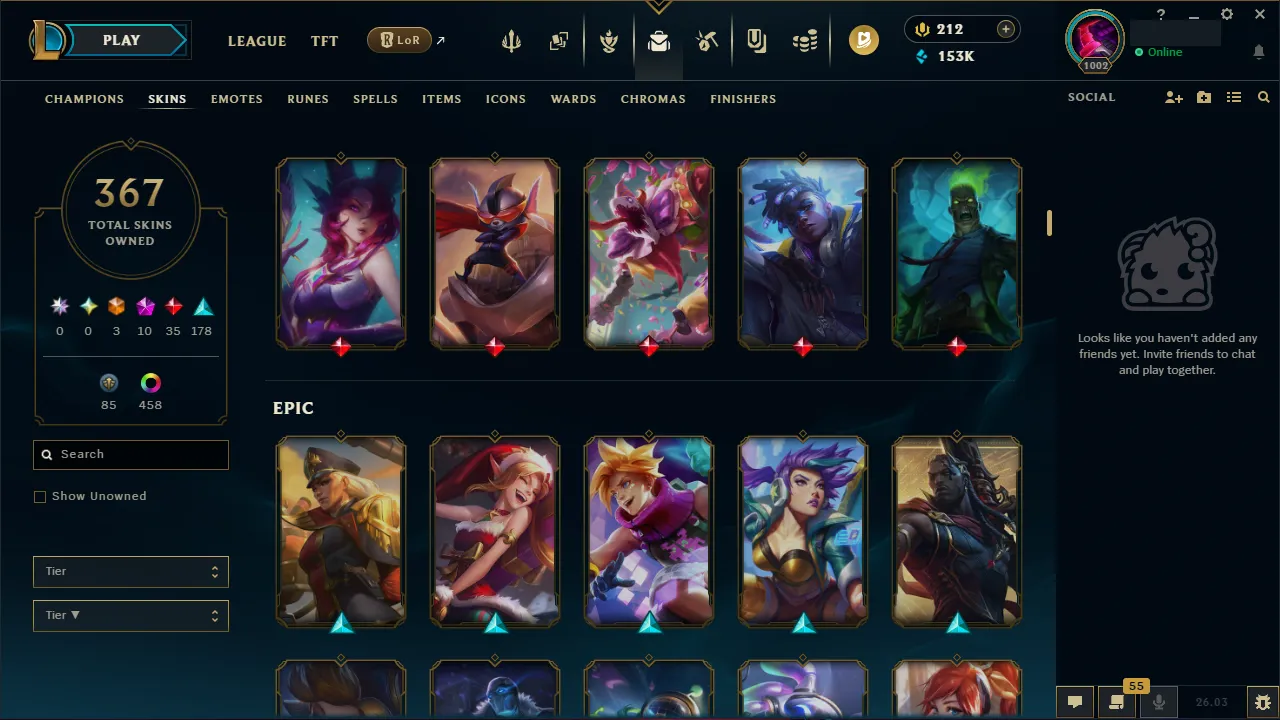 🌍 EUW 👑 Season 16 🔥 Diamond I (75 LP) Master Decay 📌️ ADC Main 💎️ 367 Skins ✨️ 468 Chromas 🔐 Lifetime Ownership 🏷️ #TH-D3V