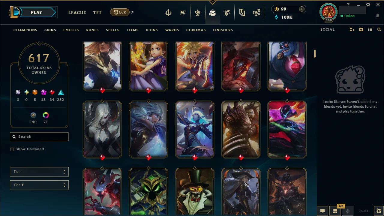 🌍 EUW 👑 Season 16 (Current) 🔥 Platinum II (92 LP) 💎️ NEO PAX SIVIR + 616 Skins ✨️ All Champs + 100K BE 🔐 Lifetime Ownership 🏷️ #TH-0755