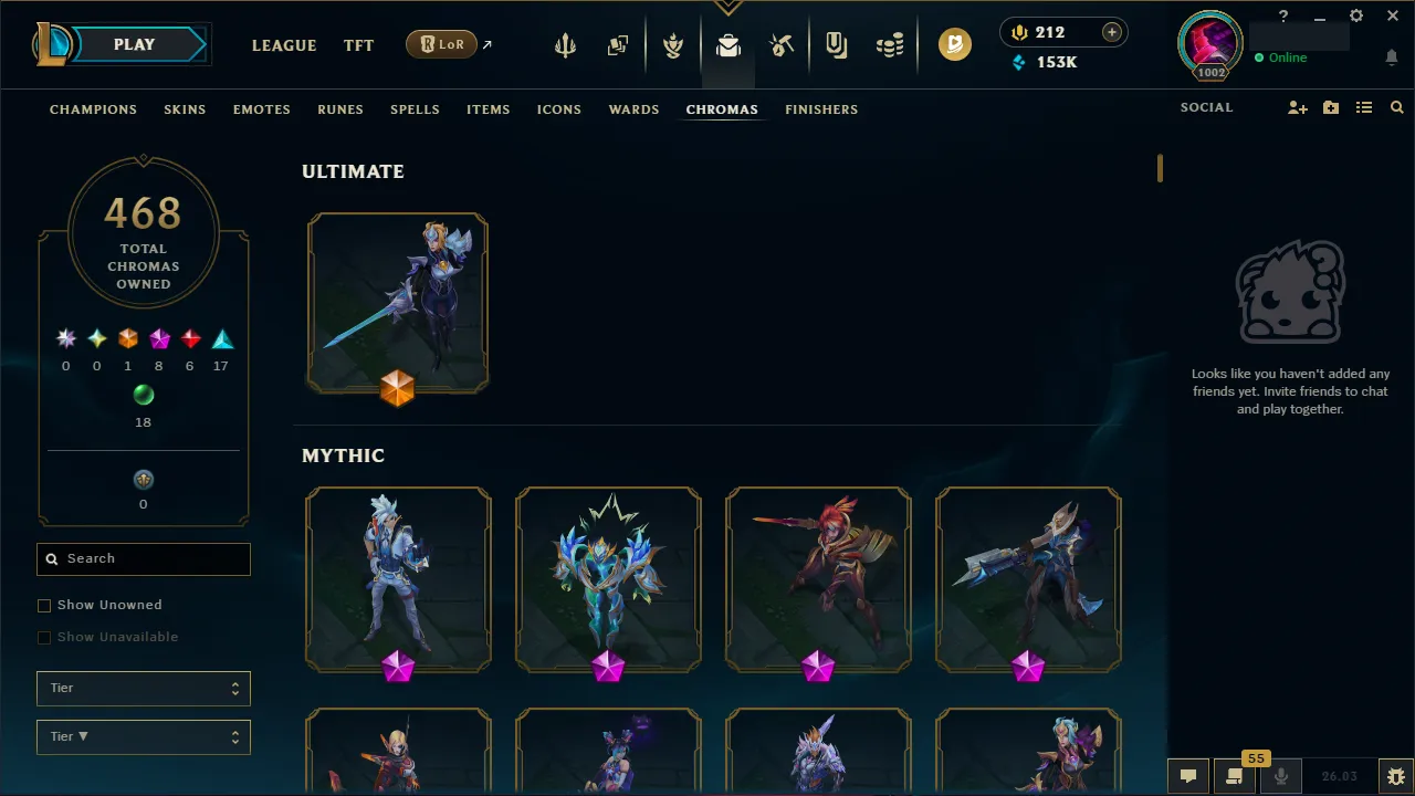 🌍 EUW 👑 Season 16 🔥 Diamond I (75 LP) Master Decay 📌️ ADC Main 💎️ 367 Skins ✨️ 468 Chromas 🔐 Lifetime Ownership 🏷️ #TH-D3V