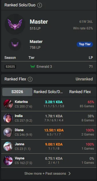 🌍 EUW 👑 Season 16 (Current) 🔥 Diamond I (75 LP) ✨️ 758LP Peak Decayed from 515LP Master 💎️ WR:63% 🔐 Lifetime Ownership 🏷️ #TH-0857-G3