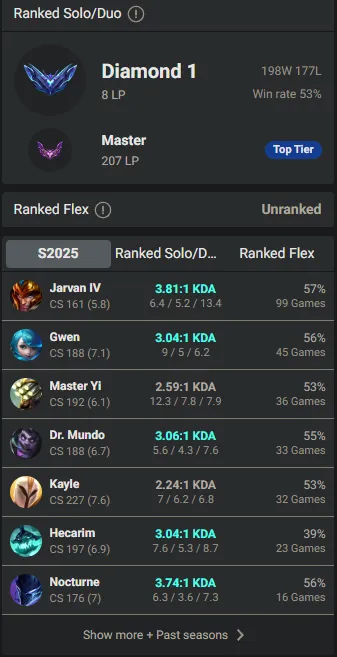 🌍 EUNE 🔒 Handlevel ⚡️ Diamond I (8 LP) 🥇 Jungle/Support ✨️ 52% WR 🔥 200LP Master Peak ✅ #TH-K1S