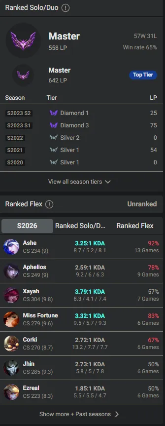 🌍 EUW 👑 Season 16 (Current) 🔥 Master (558 LP) 📌️ ADC Main 💎️ WR:65% ✨️ 17 Skins + Gladiator Draven 🔐 Lifetime Ownership 🏷️ #TH-3SG
