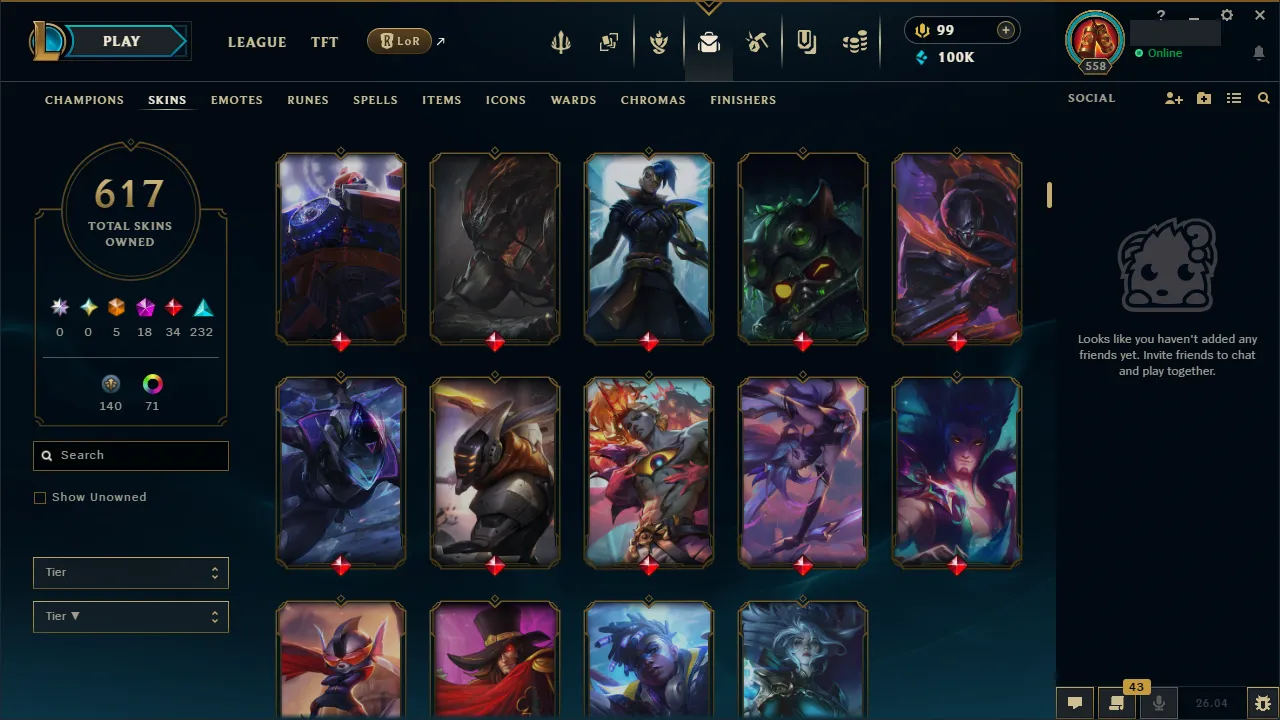 🌍 EUW 👑 Season 16 (Current) 🔥 Platinum II (92 LP) 💎️ NEO PAX SIVIR + 616 Skins ✨️ All Champs + 100K BE 🔐 Lifetime Ownership 🏷️ #TH-0755