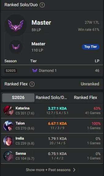 🌍 EUW 👑 Season 16 (Current) 🔥 Master (59 LP) 📌️ Mid Main 💎️ WR:61% ✨️ +25LP Gains / 18 Skins + Loot 🔐 Lifetime Ownership 🏷️ #TH-S2M