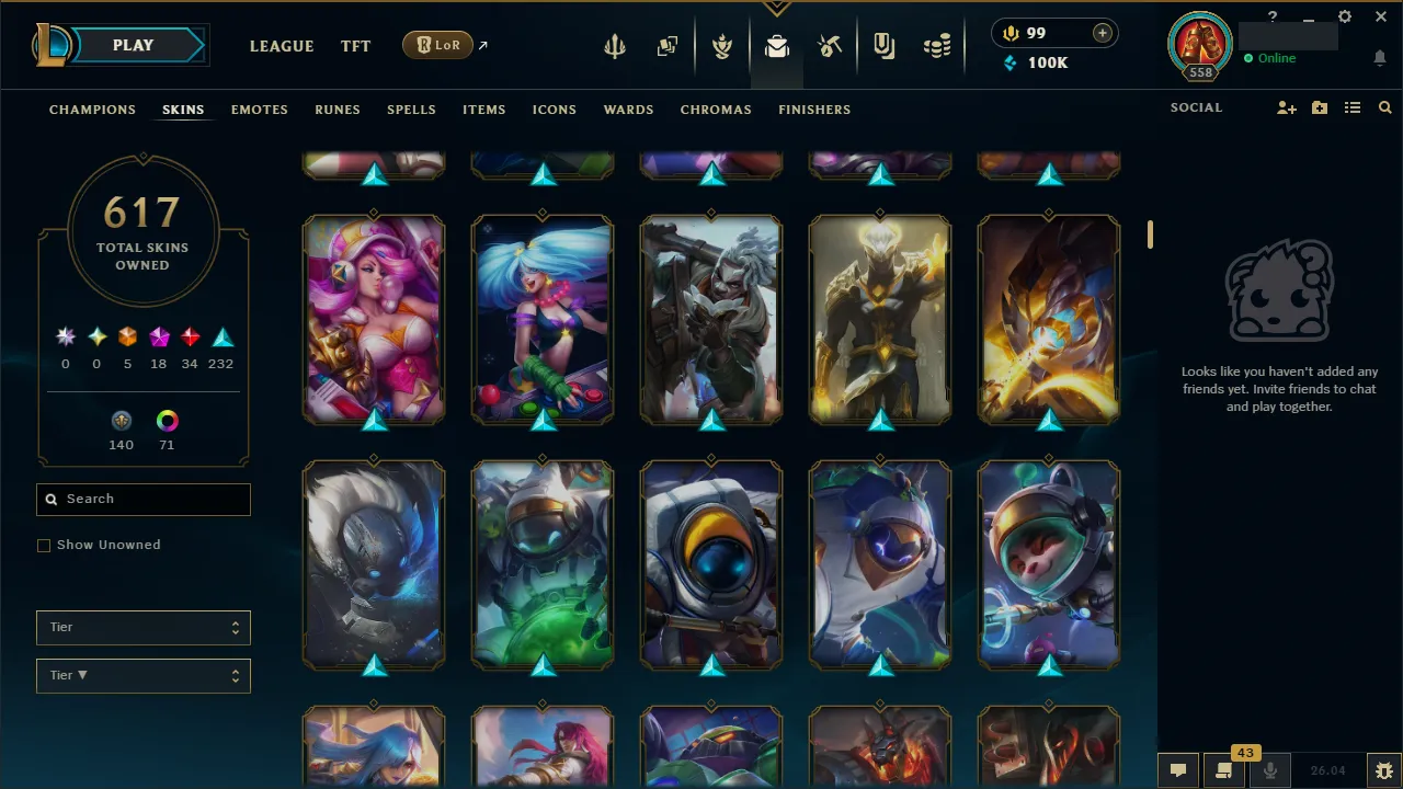 🌍 EUW 👑 Season 16 (Current) 🔥 Platinum II (92 LP) 💎️ NEO PAX SIVIR + 616 Skins ✨️ All Champs + 100K BE 🔐 Lifetime Ownership 🏷️ #TH-0755