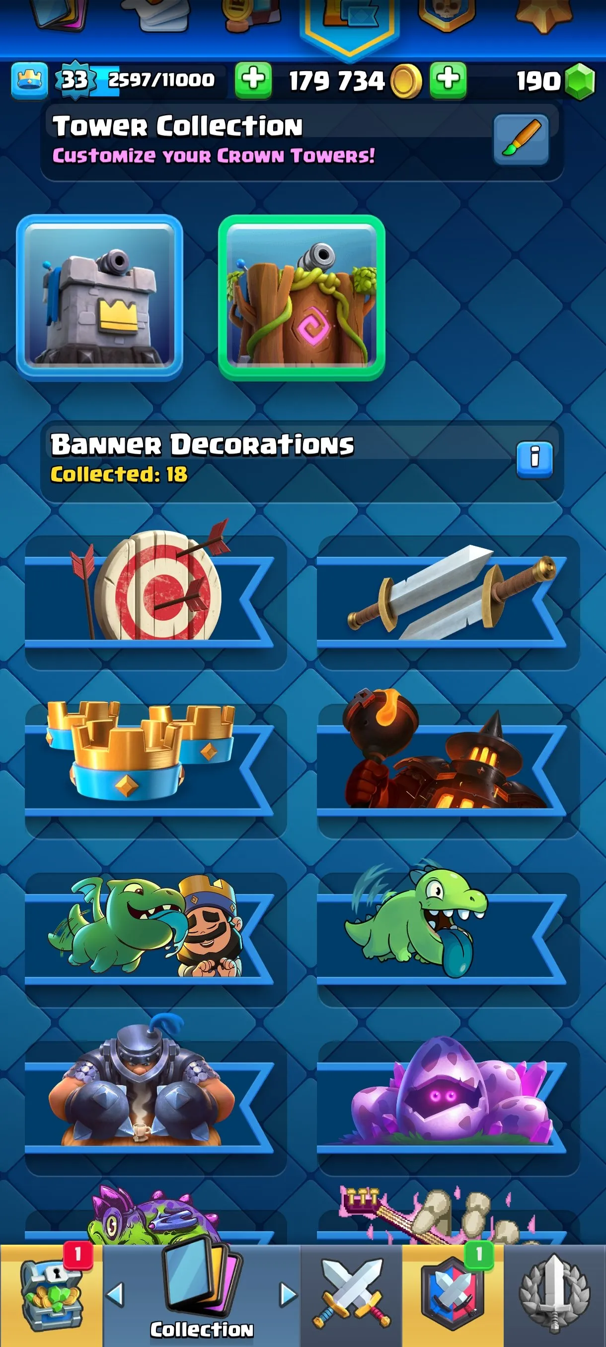 CR675 6105 cups 0 Evolutions 109 cards 190 gems 179734 gold King 33 Arena 17 29 emotes 1 tower rich badges