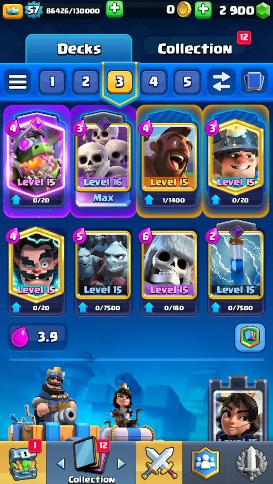 CR538 Max Arena 24 10k Trophies lvl 57 Full 121 Cards 20 Legendary 6 Evolutions 42 Emotes Hog Rider Graveyard Deck 2900 Gems