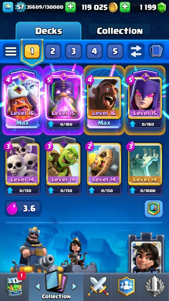 CR714 Level 57 maxed deck 2x level 16 3x level 15 12 evolutions 10k trophies Arena 24 119k gold 1.1k gems all 121 cards unlocked