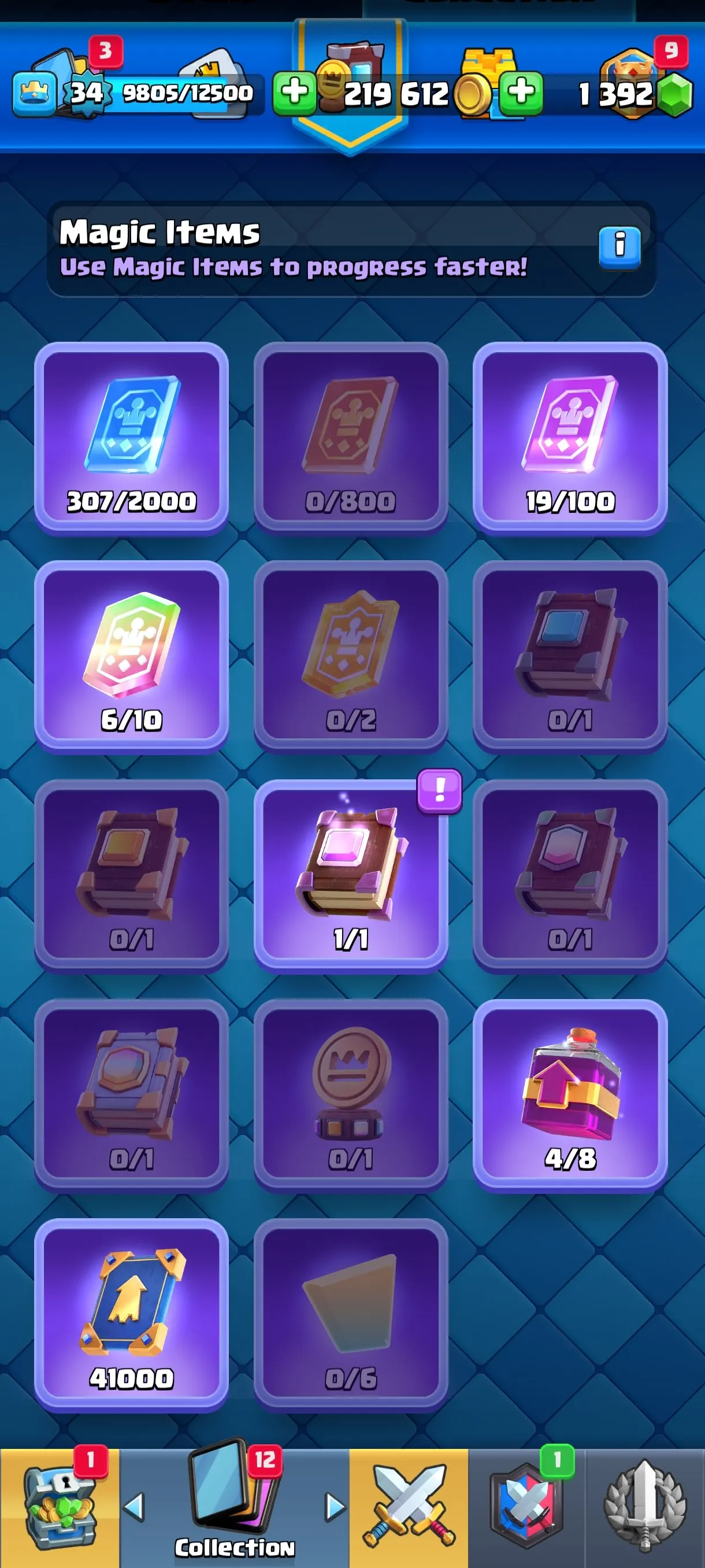 CR672 7632 cups 6 Evolutions 20 Legendary 116 cards 1392 gems 219612 gold King 34 Arena 20 3 tower skins 26 emotes