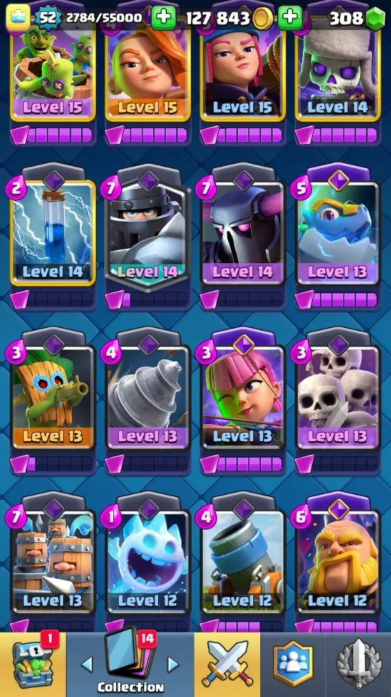 CR626 9.6k Trophies L52 Arena24 Rocketeer Deck 5 L15 7 L14 Cards 11 Evolutions 19 Legendaries 29 Emotes 308 Gems Free Name Change